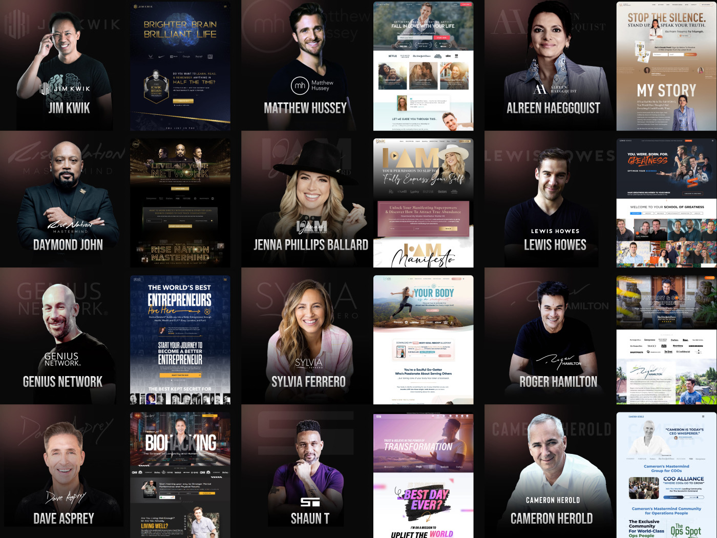 Notable Influex clients including Jim Kwik, Dave Asprey, and Lewis Howes